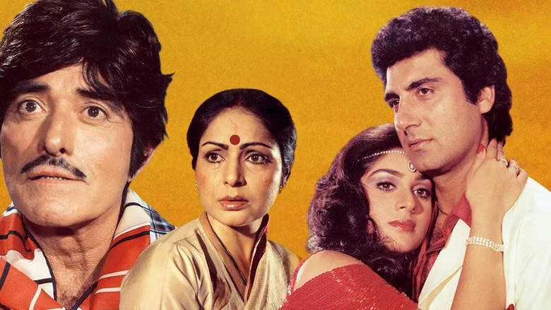 A tense confrontation in a dimly lit room, where Raaj Kumar's character stands firm against a group of adversaries.