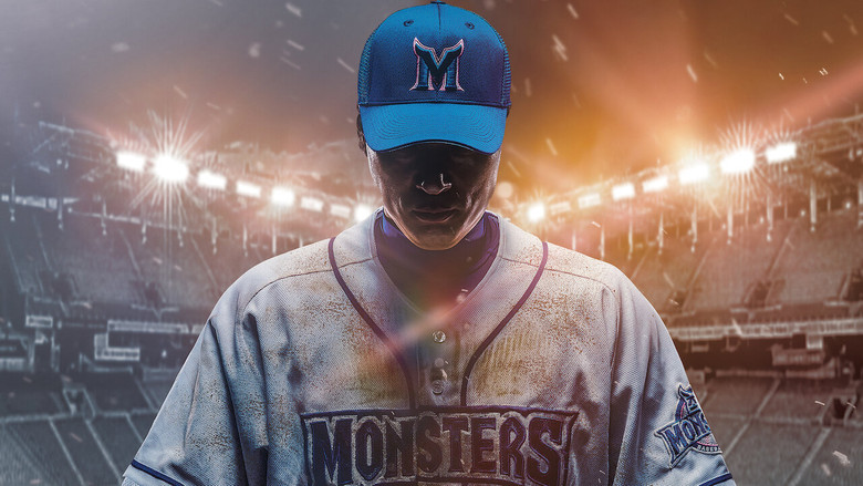 A batter in mid-swing, the stadium lights casting long shadows across the field