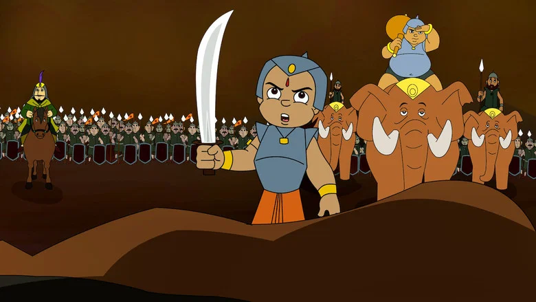 A vibrant scene of Chhota Bheem and his friends standing atop a hill, overlooking a lush, mythical landscape