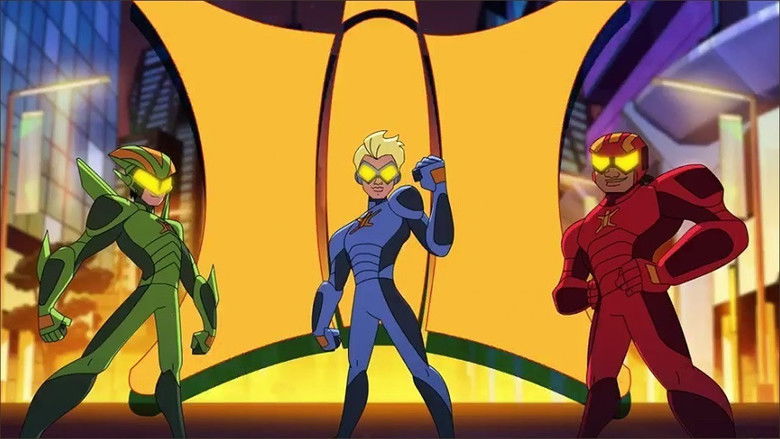 Three teenage boys in brightly colored stretchable suits leap across a cityscape, their elongated limbs trailing behind them like ribbons.