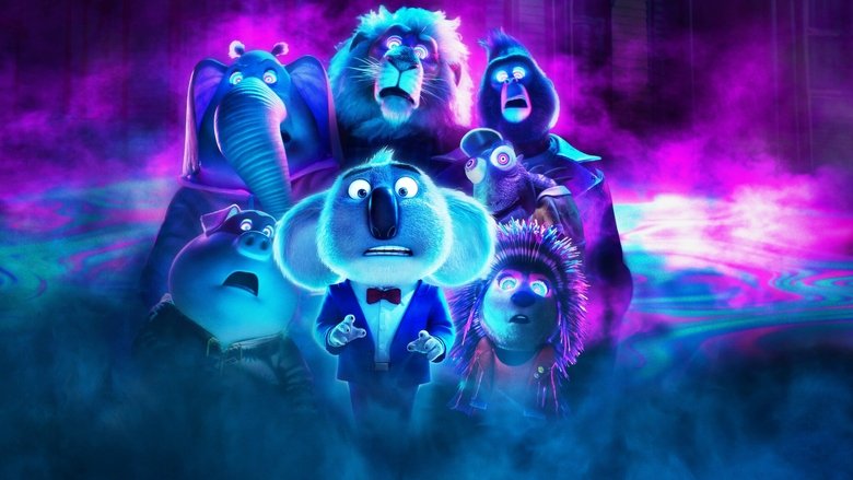 Buster Moon’s theater troupe, now zombified, performing a chaotic dance routine under eerie green lighting