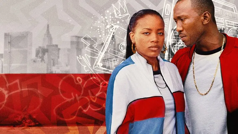 A young Roxanne Shanté, bathed in the neon glow of a Queensbridge stairwell, her face half in shadow as she clutches a microphone.