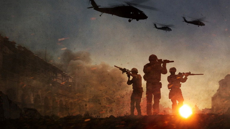 A soldier's face half-lit by gunfire, the chaos of Mogadishu reflected in his visor