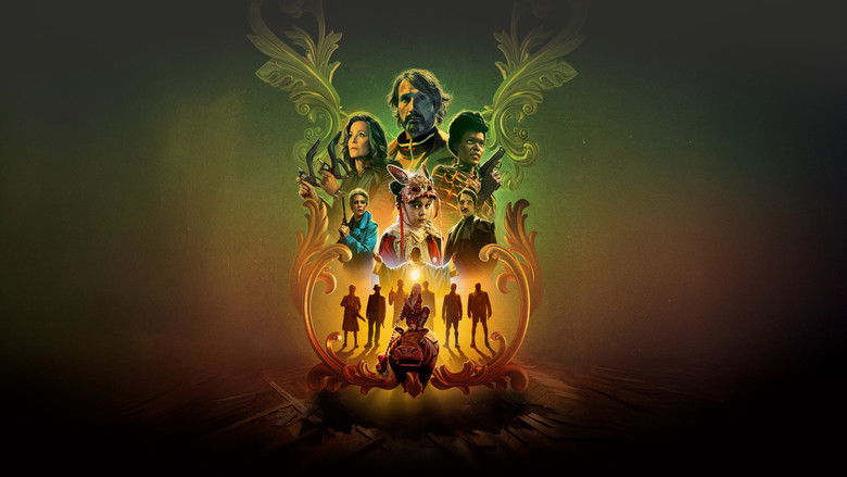 A stylized, colorful apartment hallway with intricate patterned wallpaper