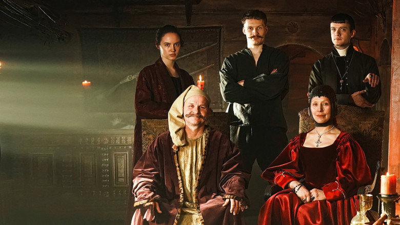 A dimly lit banquet hall where Jan Paweł Adamczewski, dressed in opulent 17th-century garb, raises a goblet while his family watches with varying degrees of skepticism or disdain.