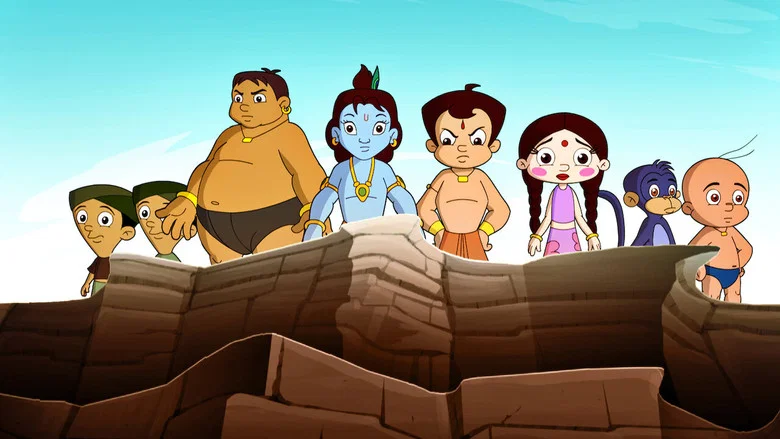 A vibrant battle scene with Chhota Bheem and Krishna standing back-to-back, surrounded by swirling energy and shadowy figures