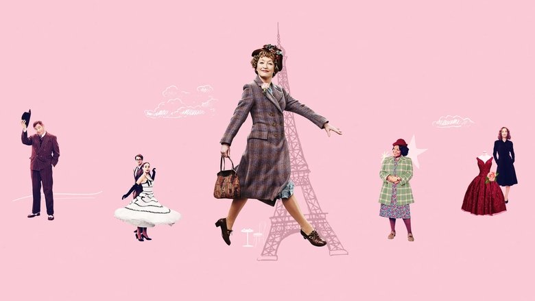Ada Harris, in her modest coat and hat, standing outside the grand Dior atelier in Paris, her expression a mix of awe and determination.