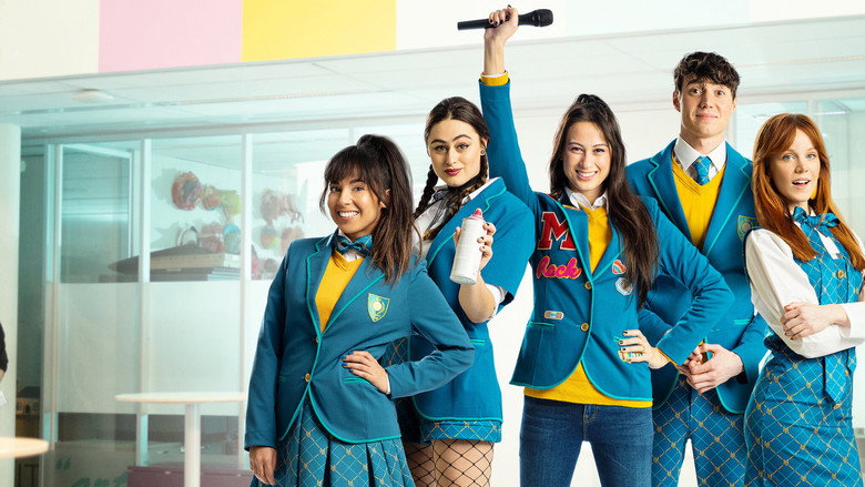 A group of teenagers huddled together in a school hallway, their faces lit with conspiratorial grins