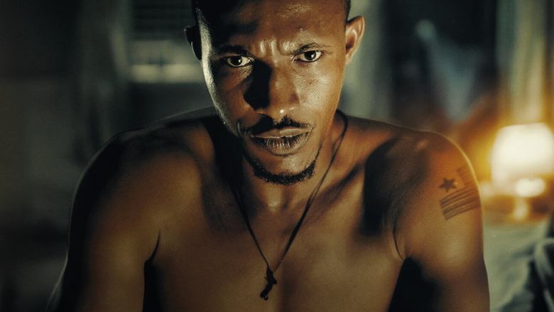 A tense standoff under flickering streetlights, the neon glow of Lagos reflecting off rain-slicked pavement.
