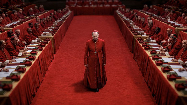 A striking, cinematic shot of the Vatican architecture, capturing the oppressive, grand scale of the setting during the conclave.