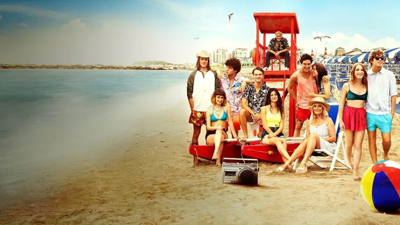A group of teenagers lounging on the beach at golden hour, the sun casting long shadows and warm light across the sand