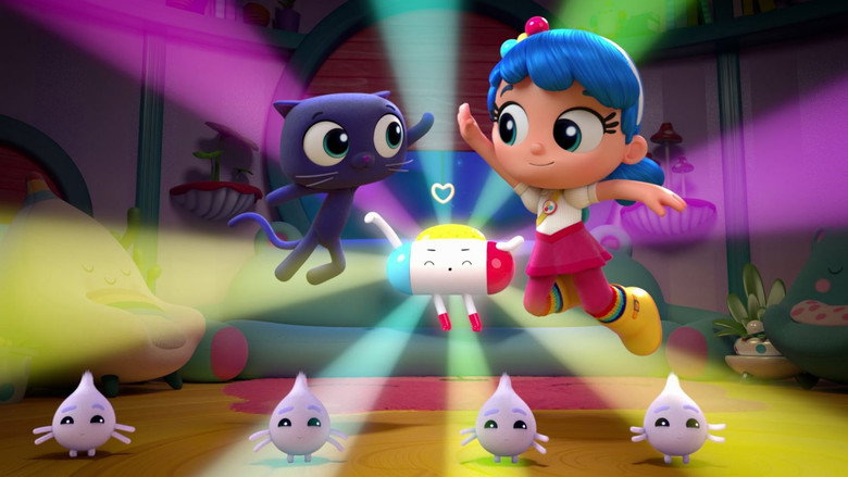 True and her friends gathered around the Story Spinner, its glowing orb casting soft light on their faces as they prepare to rewrite a tale