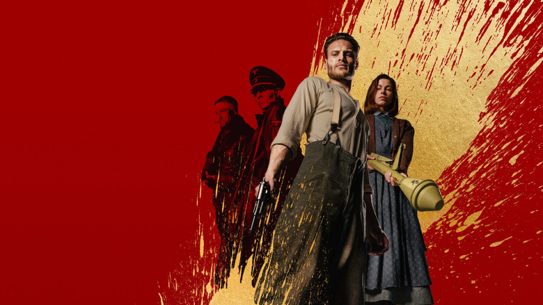 A deserter and a farm girl stand back-to-back in a burning village, guns drawn.