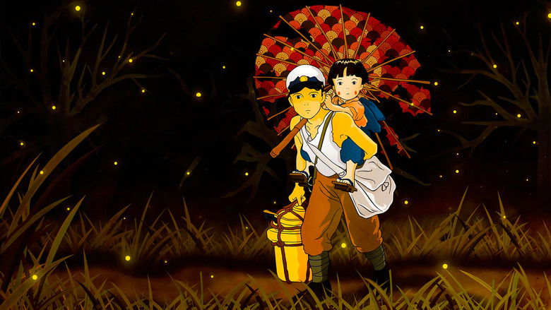 Seita and Setsuko sitting in the dim glow of fireflies, their faces illuminated by fleeting light
