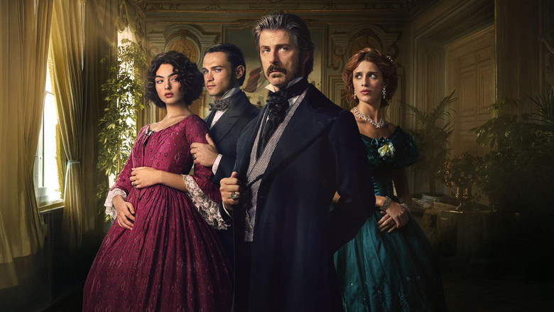 A grand Sicilian ballroom, bathed in golden candlelight, where aristocrats in elaborate gowns and tailcoats move in slow, deliberate circles, their faces half-lit by the flickering glow.