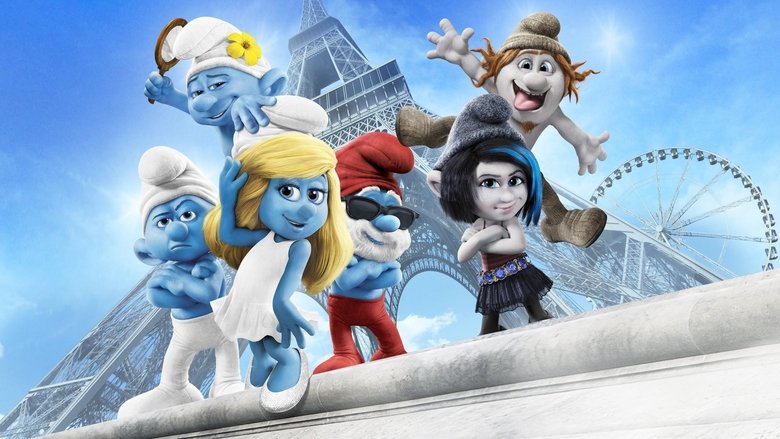The Smurfs and their human allies standing in a Parisian alley, the live-action and animation blending into a surreal, hyper-saturated dreamscape