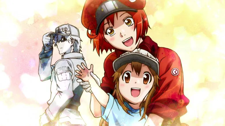 A white blood cell mid-leap, sword drawn, as a swarm of bacteria looms in the background—a classic shonen battle framed inside a blood vessel.
