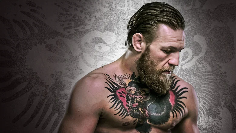 McGregor in the octagon, mid-fight, his face a mask of focus and strain