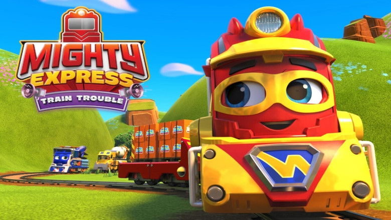 A brightly lit train station with anthropomorphic engines lined up, their faces expressive and eager