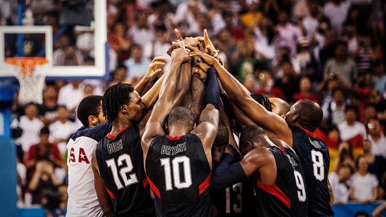 The 2008 Redeem Team huddles during a tense moment in Beijing, their faces a mix of determination and exhaustion.