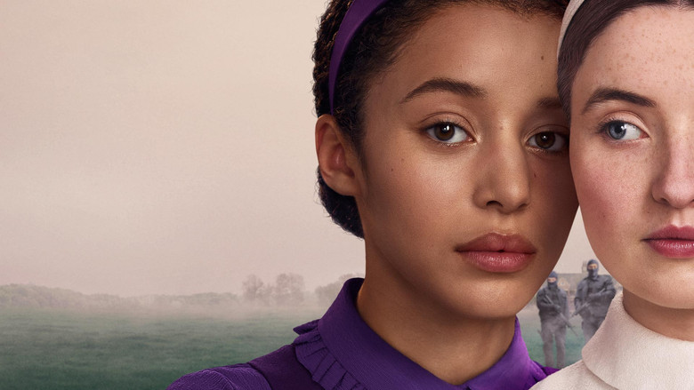 A wide shot showing the stark, symmetrical architecture of a Gilead building