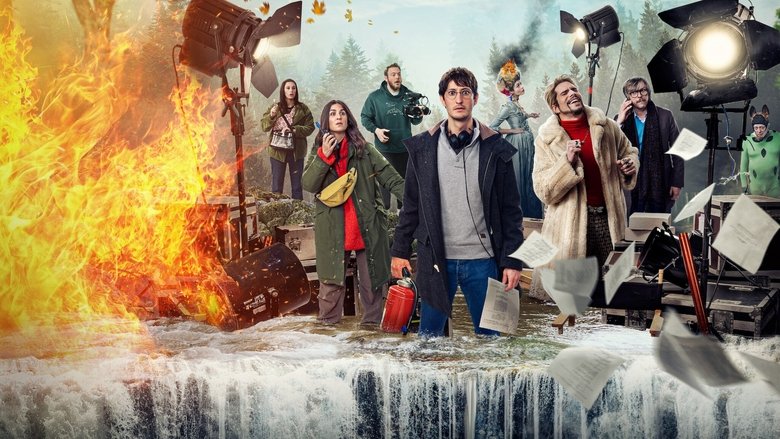 A chaotic film set with actors in period costumes looking exasperated, while a director clutches his head in despair