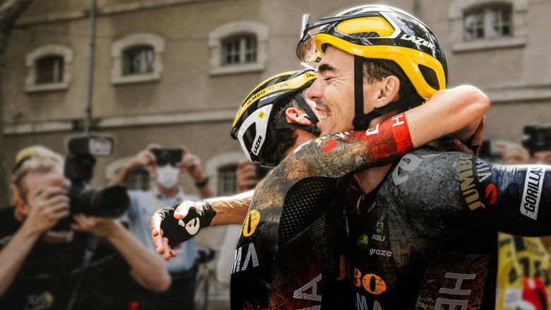 A cyclist in the peloton, his face a mask of exhaustion and determination, the road stretching endlessly behind him.