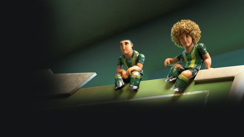 A group of animated foosball figurines standing defiantly on a table, their plastic faces set with determination