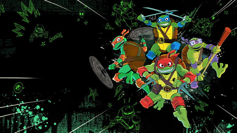 The Turtles standing in a dimly lit alley, their shadows stretching long and separate on the brick wall behind them