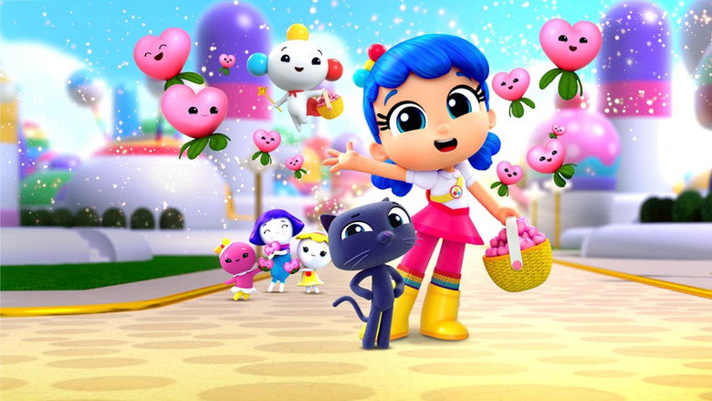 True and Bartleby standing in a vibrant, colorful landscape, surrounded by glowing flowers and floating sparkles