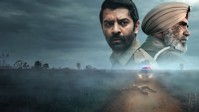 A dimly lit police station, the glow of a single bulb casting long shadows as Balbir Singh stares at a case file, his face half-hidden in the haze.
