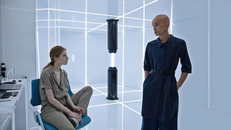 A woman with a neural implant stands in a clinical white room, her reflection visible in a screen displaying the name of her "soulmate."
