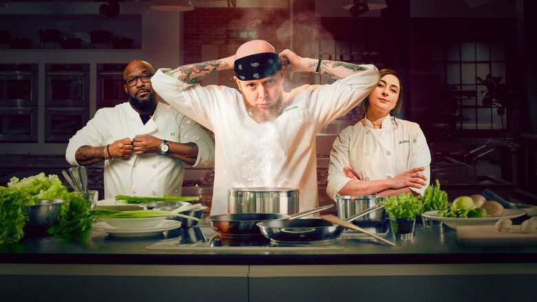 A chef's knife hovers over a cutting board, its blade catching the light as ingredients blur in the background.