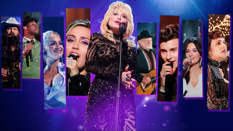 A sea of performers on stage, bathed in warm light, with Dolly Parton at the center, her blonde wig and rhinestone-studded outfit glowing like a beacon.