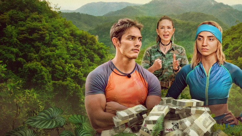 A group of contestants huddled around a fire in the jungle, their faces half-lit by the flames, tension palpable in their postures.