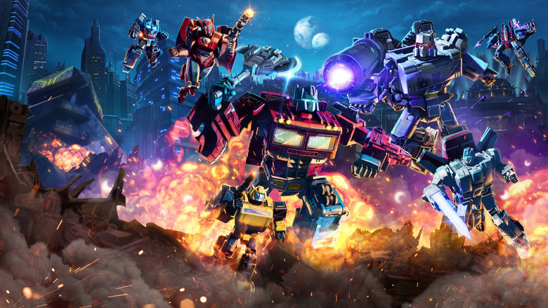 The Autobots stand in the ruins of a Cybertronian city, their forms half-lost in the smog of war.
