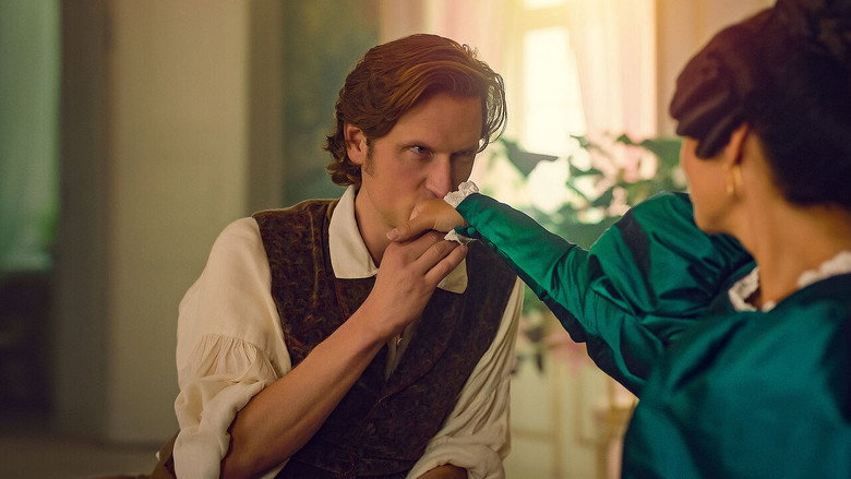 A grand, candlelit ballroom where the characters gather, their faces half-lit by flickering light, the opulence of the setting contrasting with the awkwardness of the scene.