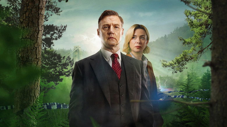 A rainy, dimly lit street scene in a British suburban town, capturing the mood of a missing person investigation