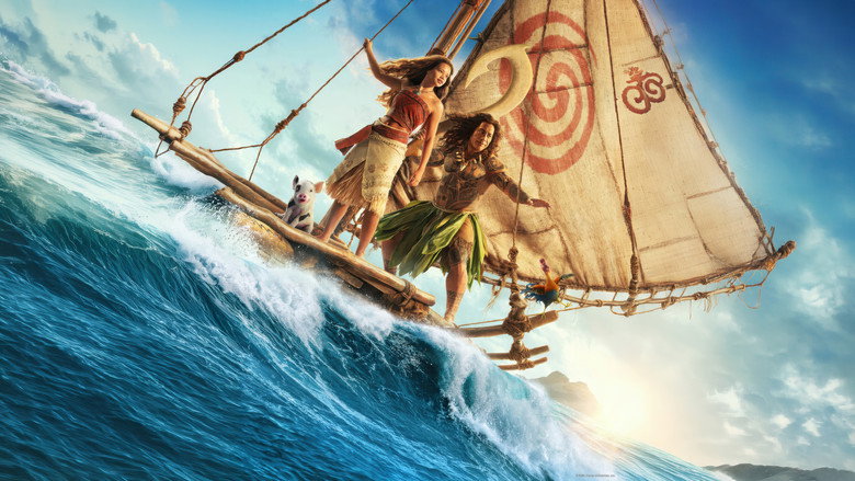 Moana and Maui stand on a CGI beach, the ocean behind them a flat, untextured blue