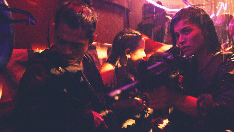 A squad of armed officers moves cautiously through a dimly lit slum alley, their faces tense and alert.