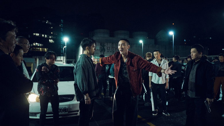A dimly lit alley where two men stand in tense silence, the neon glow of Taipei reflecting off wet pavement