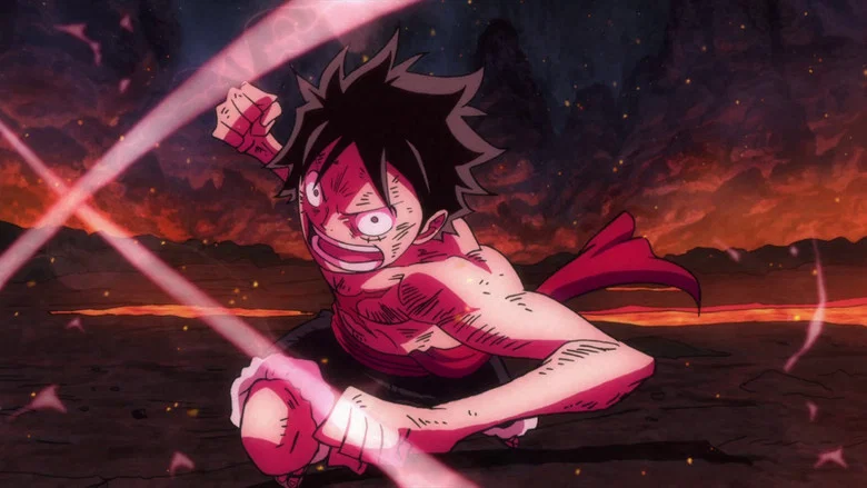 A battle at sea, waves crashing as Luffy stretches his arm toward Z’s ship