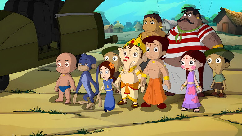 A vibrant village scene, with Bheem and his friends gathered under a banyan tree, their faces alight with mischief and determination.