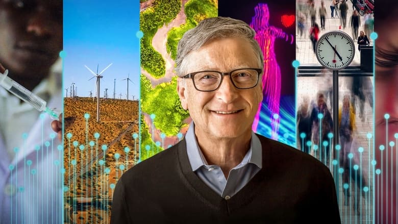 Bill Gates stands in a sleek, futuristic lab, surrounded by holographic displays of data and global maps