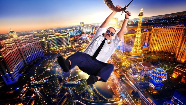 Paul Blart in full security guard regalia, standing in front of a Las Vegas hotel, looking determined but slightly out of place