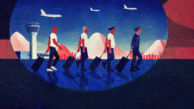A private jet on a tarmac at dusk, its sleek fuselage gleaming under the airport lights, while shadowy figures load cargo in the background.