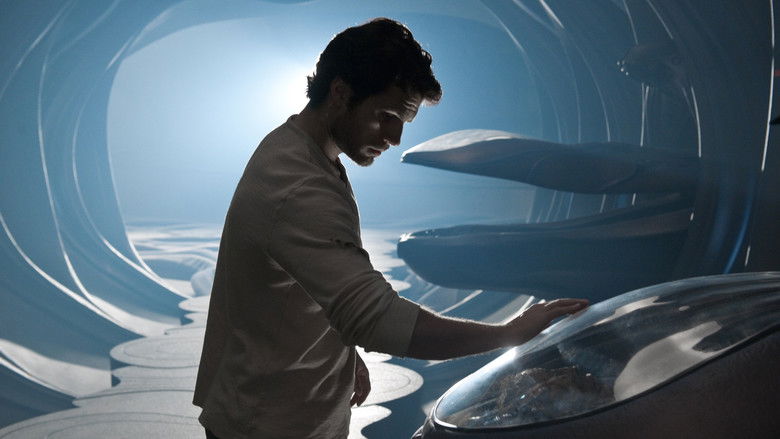 Superman flies up through the clouds