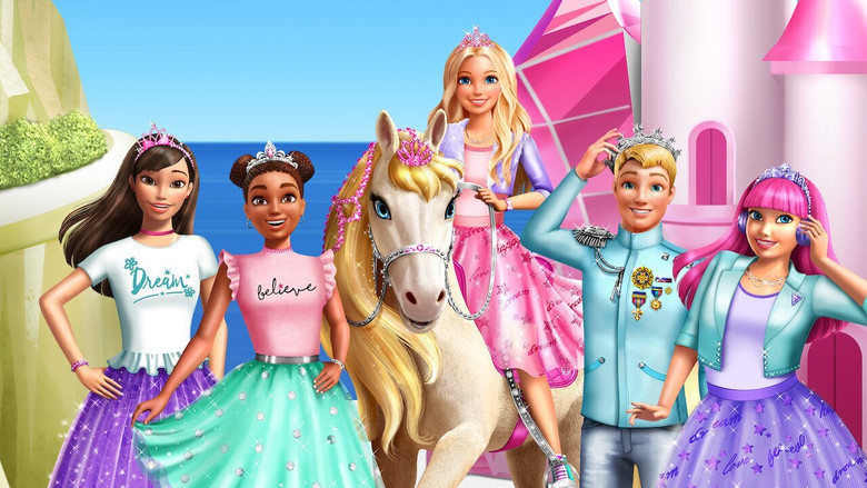 Barbie and Princess Amelia mid-song, their dresses swirling in a pastel blur of choreographed joy