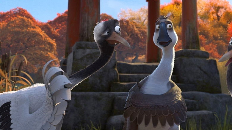 Peng the goose mid-stunt, wings spread wide against a sunset sky