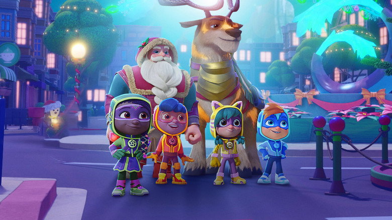The Action Pack mid-mission, their tiny bodies silhouetted against a neon-lit cityscape as they zip-line toward Santa's sleigh